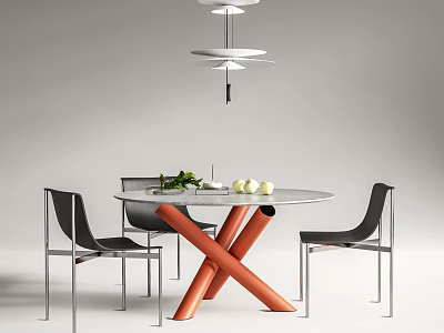 Modern Round Dining Table Set With Orange Legs And Black Chairs With Silver Metal Legs 3d model