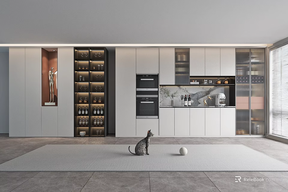 Modern Kitchen Sideboard Cabinet Design With Open Storage Glass Doors And Ambient Lighting 3d model 
