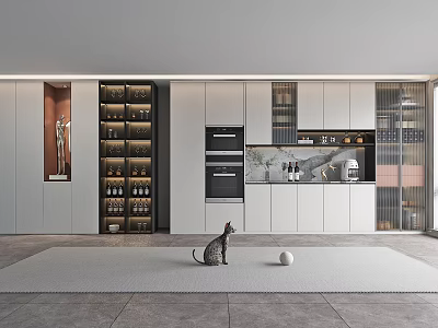 Modern Kitchen Sideboard Cabinet Design With Open Storage Glass Doors And Ambient Lighting 3d model