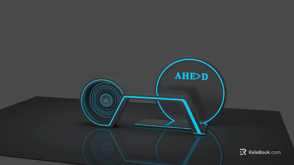 Modern Display Shelf Featuring Blue Glowing Lines Circular Structures AHE>D Text and Bottom Reflection 3d model 