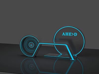 Modern Display Shelf Featuring Blue Glowing Lines Circular Structures AHE>D Text and Bottom Reflection 3d model