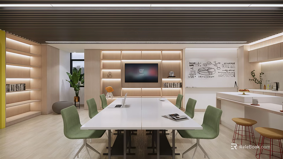 Modern Conference Room Interior With White Table Green Chairs TV Whiteboard And Plant 3d model 