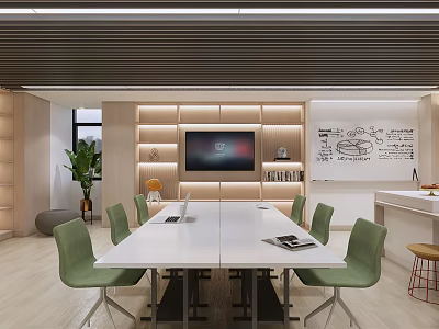 Modern Conference Room Interior With White Table Green Chairs TV Whiteboard And Plant 3d model