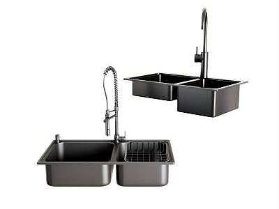 Black Stainless Steel Kitchen Sink Double Bowl With Faucet And Drainer 3d model