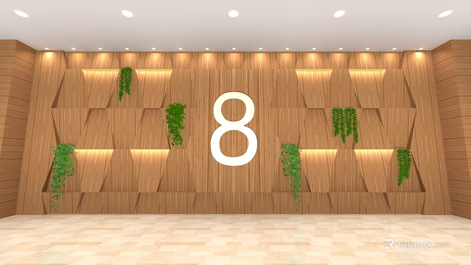 Elevator Lobby With Wooden Walls Number 8 Green Hanging Plants Ceiling Lighting Light Marble Floor 3d model 