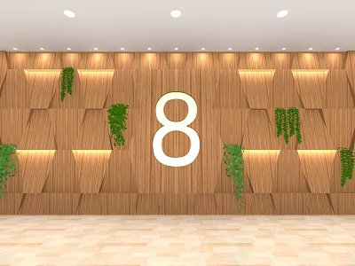 Elevator Lobby With Wooden Walls Number 8 Green Hanging Plants Ceiling Lighting Light Marble Floor 3d model