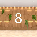 Elevator Lobby With Wooden Walls Number 8 Green Hanging Plants Ceiling Lighting Light Marble Floor