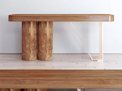 Wooden Console Table With Cylindrical Log Legs Against White Wall On Wooden Floor 3d model