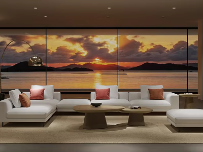Modern Living Room With Large Windows Sunset Ocean View White Sofa And Coffee Table 3d model