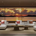 Modern Living Room With Large Windows Sunset Ocean View White Sofa And Coffee Table