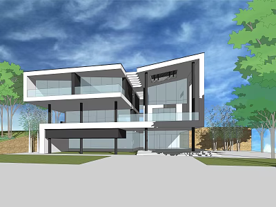 Modern Detached Villa Featuring Large Glass Walls Multi Storey Structure Surrounded by Trees and Lawn 3d model
