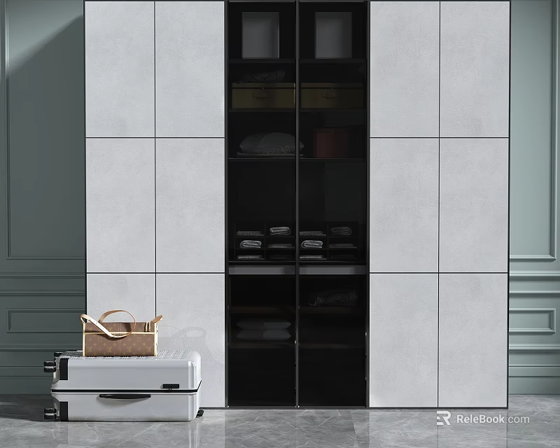 Modern Wardrobe Design With White Panels Glass Doors Shelves And Suitcase Basket 3d model 