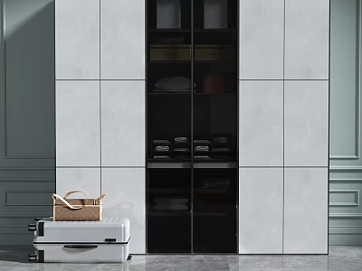 Modern Wardrobe Design With White Panels Glass Doors Shelves And Suitcase Basket 3d model