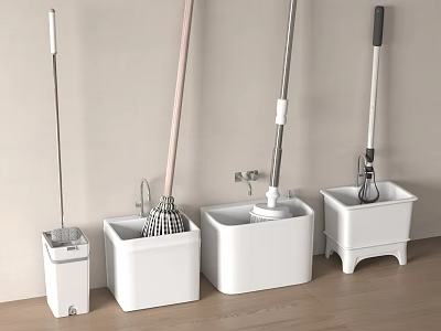 White Mop Buckets With Mops Arranged For Home Cleaning Storage Design 3d model