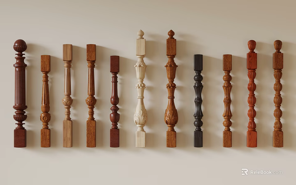 Decorative Wooden Balusters With Various Carved Designs And Different Color Finishes For Home Staircase 3d model 