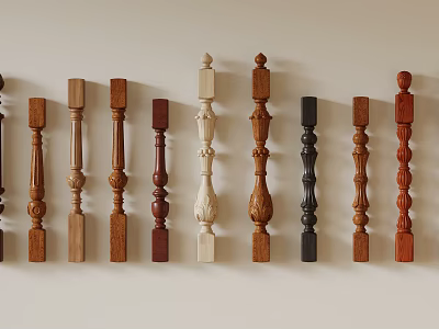 Decorative Wooden Balusters With Various Carved Designs And Different Color Finishes For Home Staircase 3d model