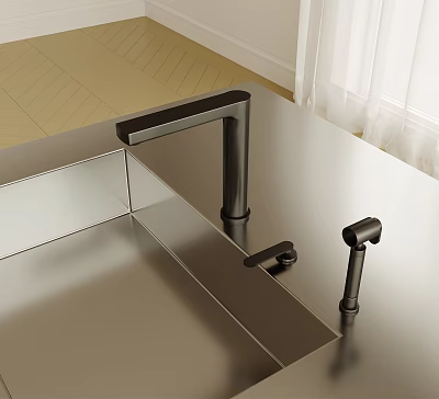 Modern Black Bathroom Faucet With Sleek Design And Knob Handles On Stainless Steel Countertop 3d model
