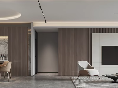 Modern Living Dining Room Interior With Wooden Wall Panels TV Armchair And Rug 3d model
