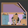 Toy House Interior With Pink Walls Blue Cabinet Telescope And Purple Desk
