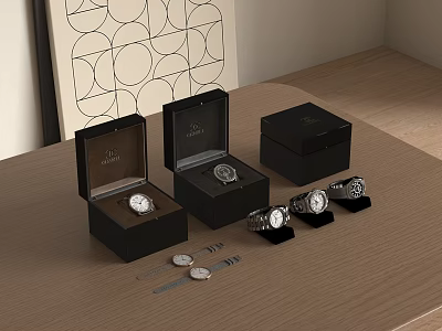 Luxury Watches with Black Display Boxes and Stands on Wooden Table 3d model