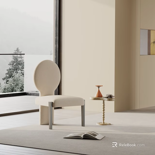 Modern Beige Upholstered Dining Chair With Metal Legs In Bright Room And Small Side Table 3d model 