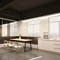 Modern Bright Break Room Interior With Wooden Table Chairs White Cabinets And Large Windows