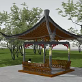 Chinese Style Wooden Pavilion With Traditional Roof And Benches In Grassland Surrounded By Trees