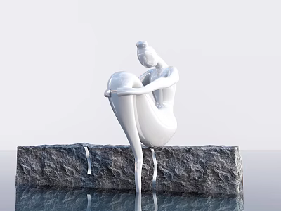 White Female Ballet Dancer Sculpture With Grey Stone Base And Water Reflection 3d model