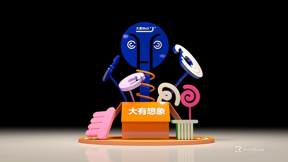 Creative Art Installation With Blue Head Shaped Structure Pink Staircase Lollipop Spring And Disc Elements 3d model