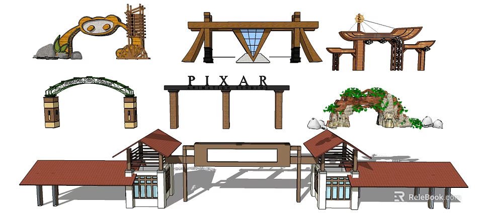 Wooden Roofed Gateway With Pixar Sign For Theme Park Studio Entrance 3d model 