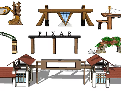 Wooden Roofed Gateway With Pixar Sign For Theme Park Studio Entrance 3d model