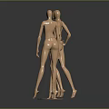 Four Gold Female Mannequins in Different Poses on Round Bases Against Gray Background