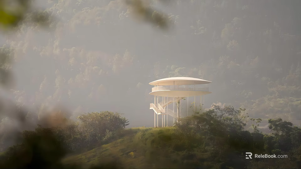 Scenic Road Facilities White Circular Observation Deck On Misty Hill With Trees And Staircase 3d model 