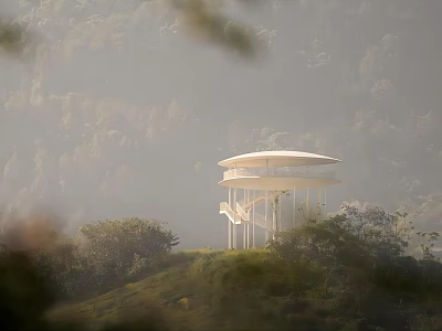 Scenic Road Facilities White Circular Observation Deck On Misty Hill With Trees And Staircase 3d model