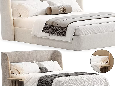 Minimalist Modern Fabric Bed With Upholstered Headboard Plush Pillows And Textured Blanket 3d model