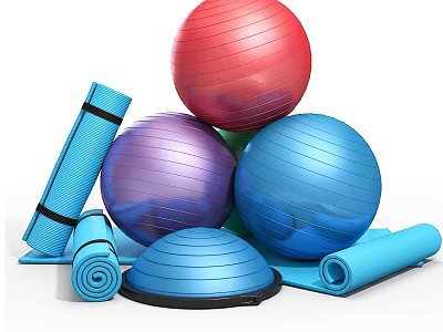 Colorful Fitness Equipment Collection with Exercise Balls Yoga Mats and Balance Pad for Home Gym 3d model