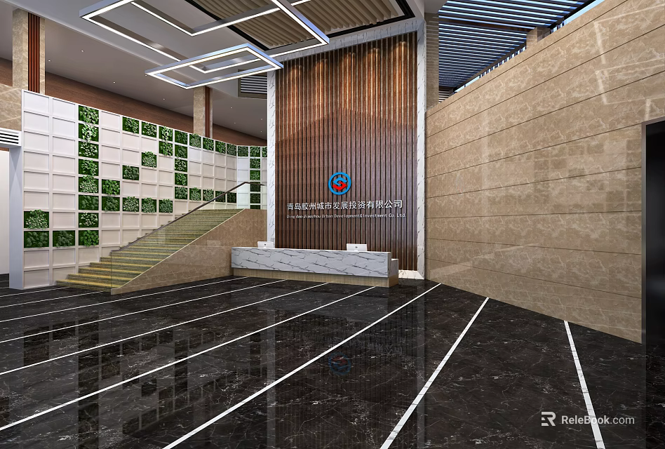 Modern Front Desk Reception Area With Marble Counter And Elegant Wall Decor 3d model