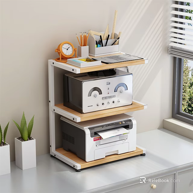 Functional Home Office Shelf with Alarm Clock Pen Holder Notebook Tablet Printers Green Plants 3d model 