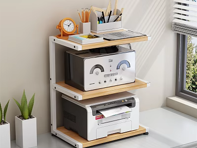 Functional Home Office Shelf with Alarm Clock Pen Holder Notebook Tablet Printers Green Plants 3d model