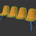 Four Yellow Public Chairs With Blue Legs On Dark Reflective Surface 3d model