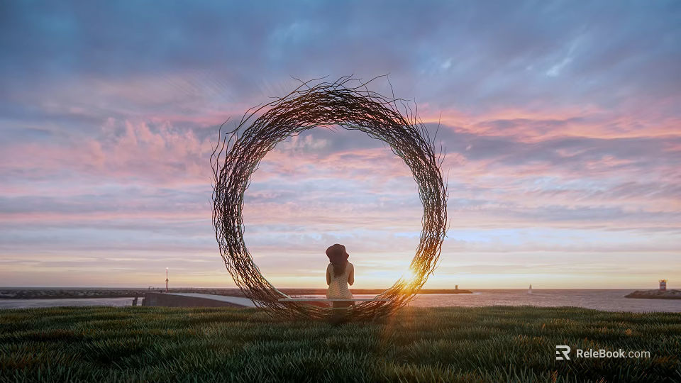 Round Woven Outdoor Chair Placed on Green Grass Field Facing Beautiful Sunset Sky 3d model 