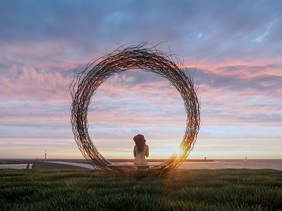 Round Woven Outdoor Chair Placed on Green Grass Field Facing Beautiful Sunset Sky 3d model