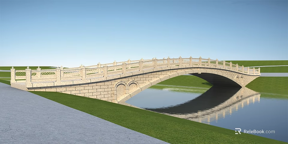 Scenic Stone Arch Bridge With Ornate Railings Over Water And Green Grass 3d model 