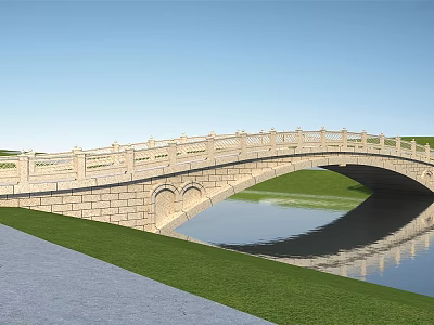 Scenic Stone Arch Bridge With Ornate Railings Over Water And Green Grass 3d model