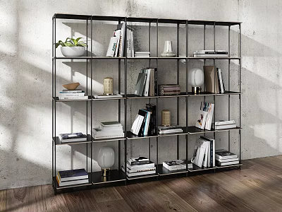 Modern Black Metal Shelving Unit With Books Decorative Items Plant And Lamp In Home Interior 3d model