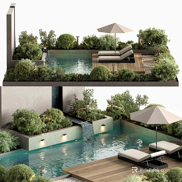 Garden Landscape Design With Pool Waterfall Loungers Umbrella And Green Plants 3d model 