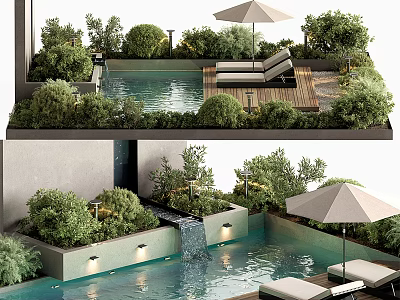 Garden Landscape Design With Pool Waterfall Loungers Umbrella And Green Plants 3d model