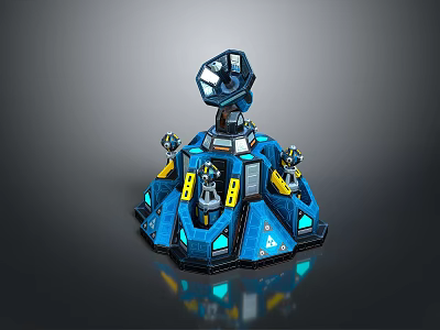 Sci Fi Landscape With Blue Yellow Mechanical Tower And Reflective Base Design 3d model