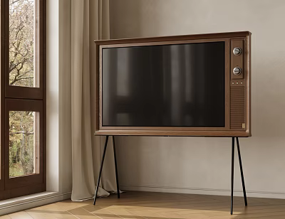 Vintage TV with Wooden Case and Metal Knobs on Black Stand by Window Wooden Floor 3d model