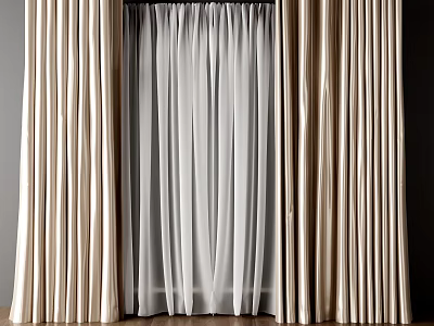 Elegant Beige Layered Curtains With Sheer White Panels For Window Decoration 3d model